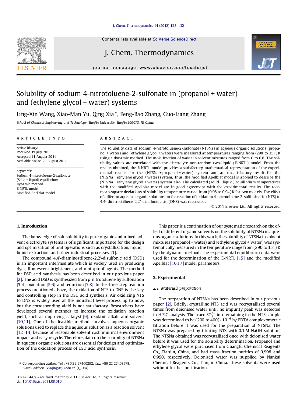 Solubility of sodium 4-nitrotoluene-2-sulfonate in (propanol + water) and (ethylene glycol + water) systems