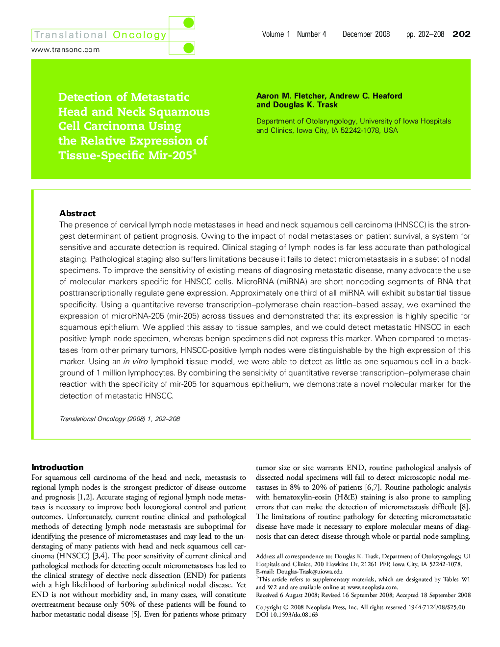 Detection of Metastatic Head and Neck Squamous Cell Carcinoma Using the Relative Expression of Tissue-Specific Mir-205 1