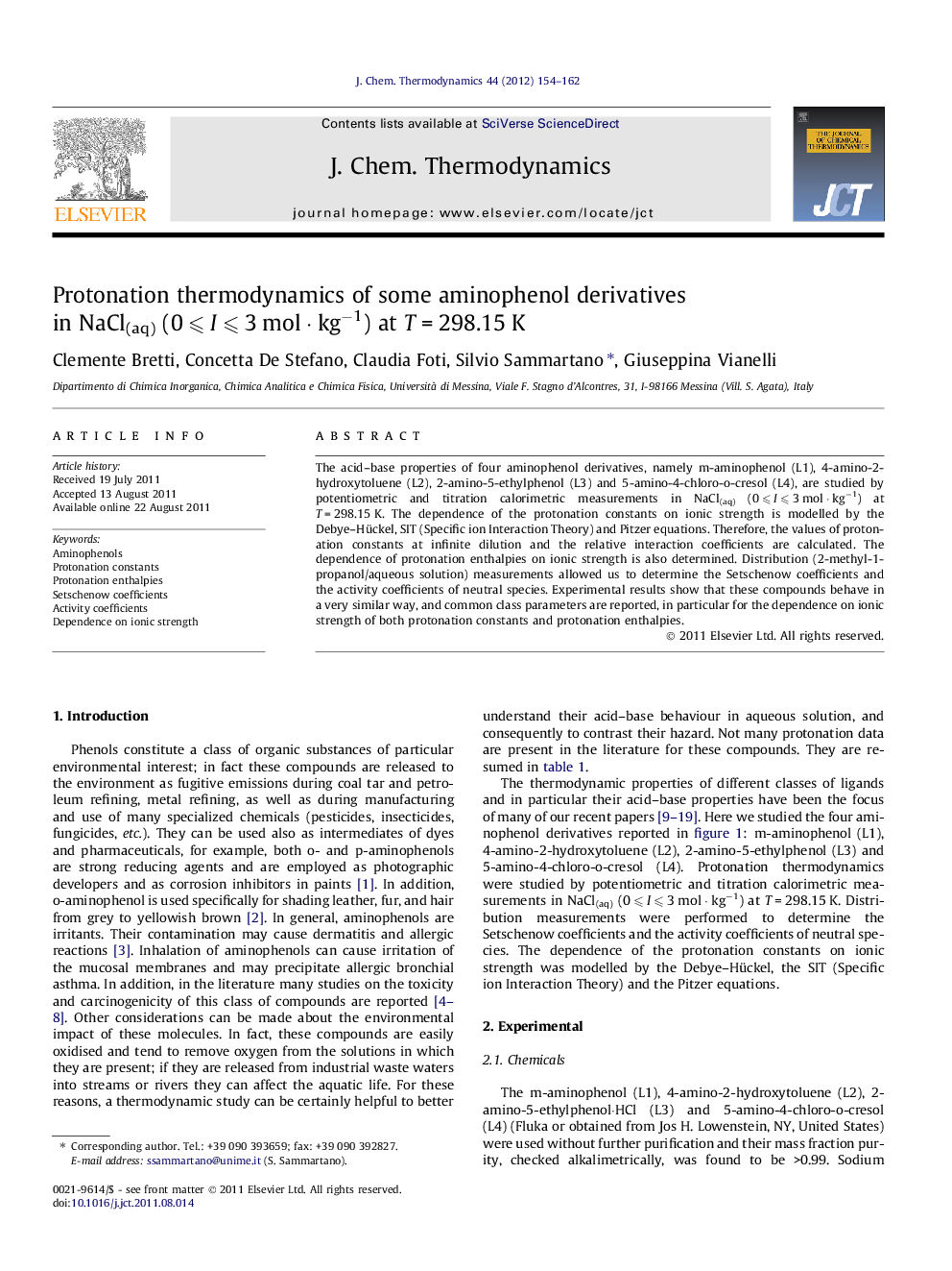 Protonation thermodynamics of some aminophenol derivatives in NaCl(aq) (0 ⩽ I ⩽3 mol · kg−1) at T = 298.15 K