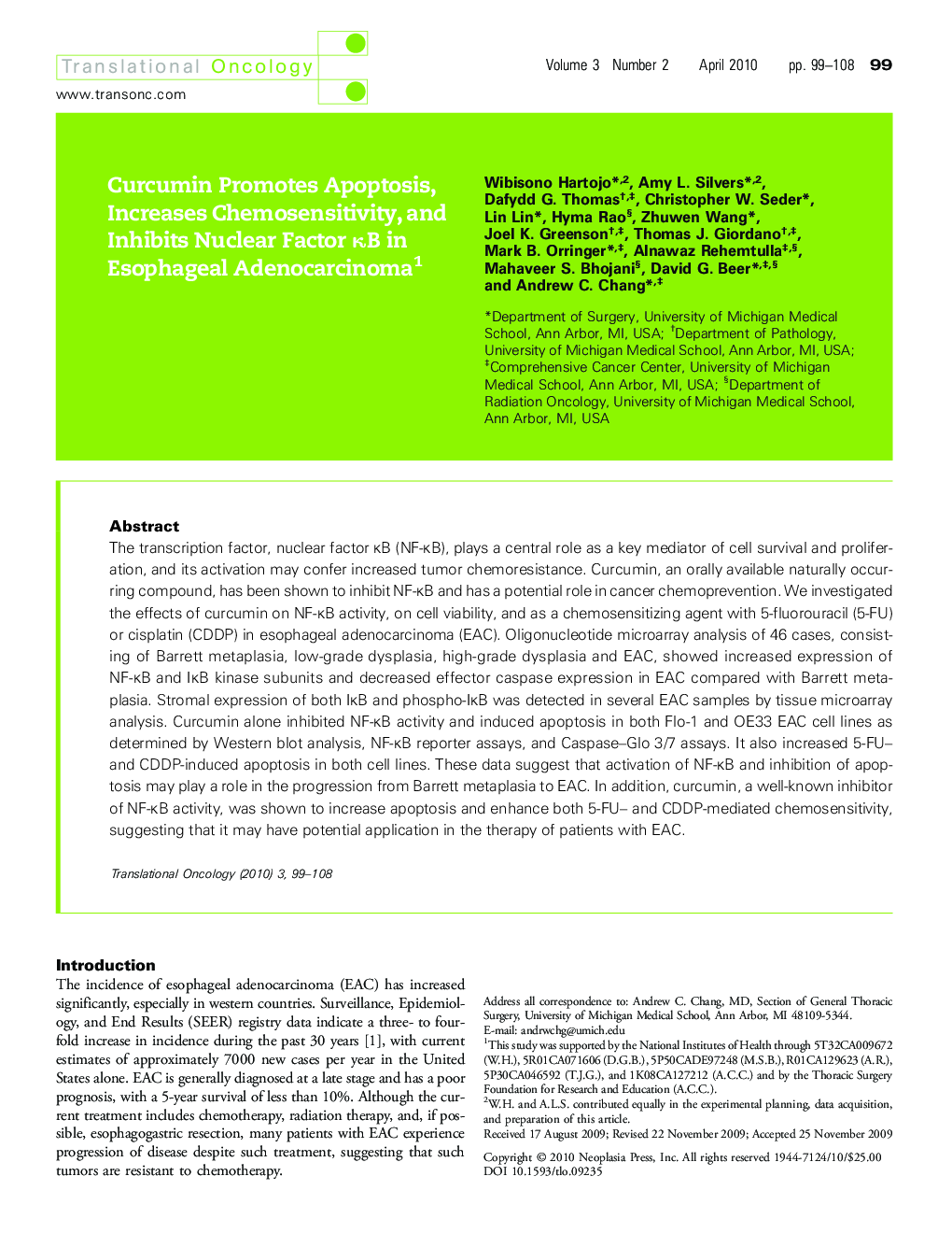 Curcumin Promotes Apoptosis, Increases Chemosensitivity, and Inhibits Nuclear Factor κB in Esophageal Adenocarcinoma 1