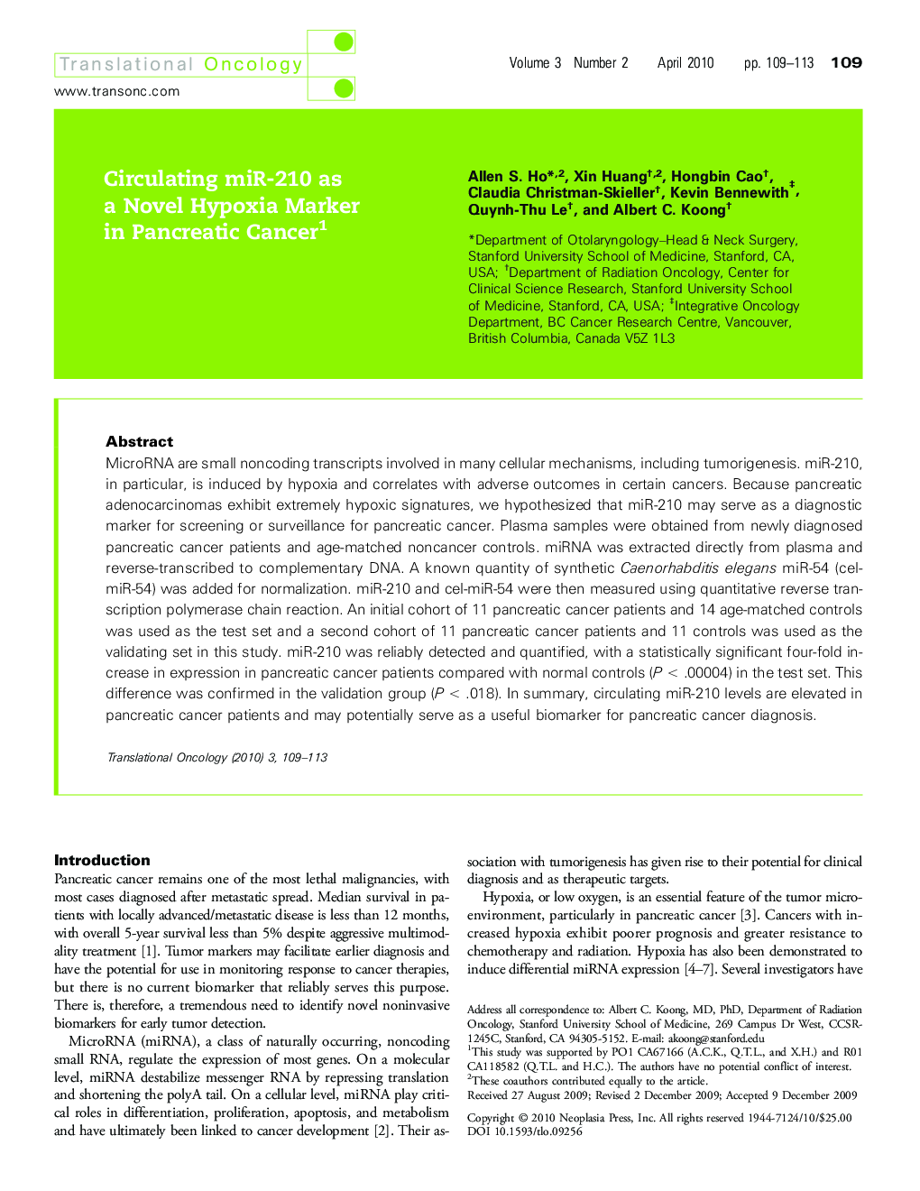 Circulating miR-210 as a Novel Hypoxia Marker in Pancreatic Cancer 1