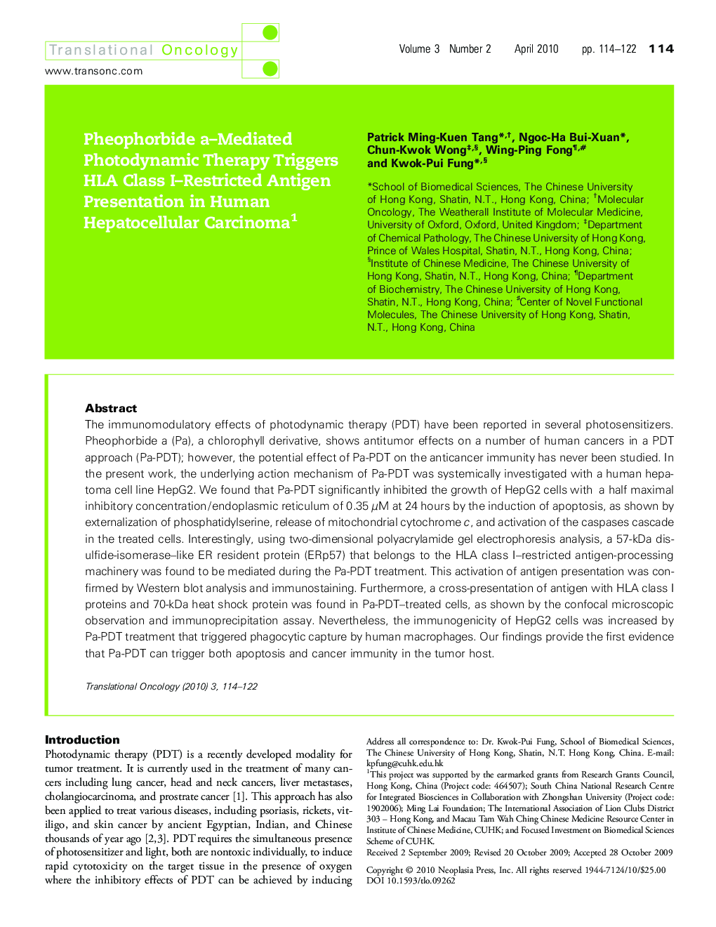 Pheophorbide a-Mediated Photodynamic Therapy Triggers HLA Class I-Restricted Antigen Presentation in Human Hepatocellular Carcinoma 1