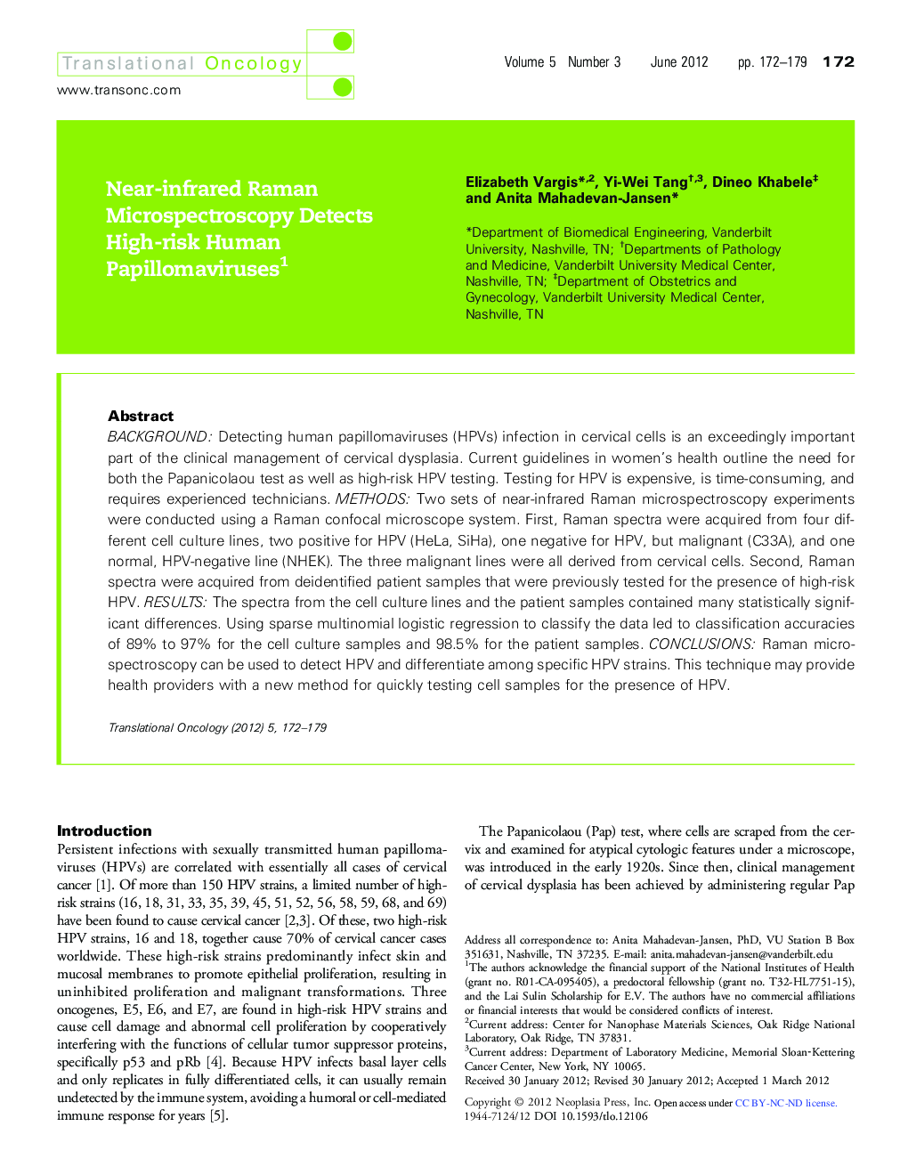 Near-infrared Raman Microspectroscopy Detects High-risk Human Papillomaviruses 1