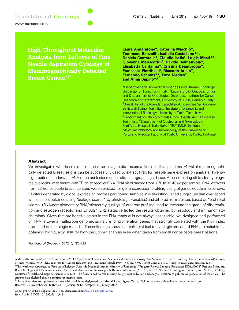 High-Throughput Molecular Analysis from Leftover of Fine Needle Aspiration Cytology of Mammographically Detected Breast Cancer