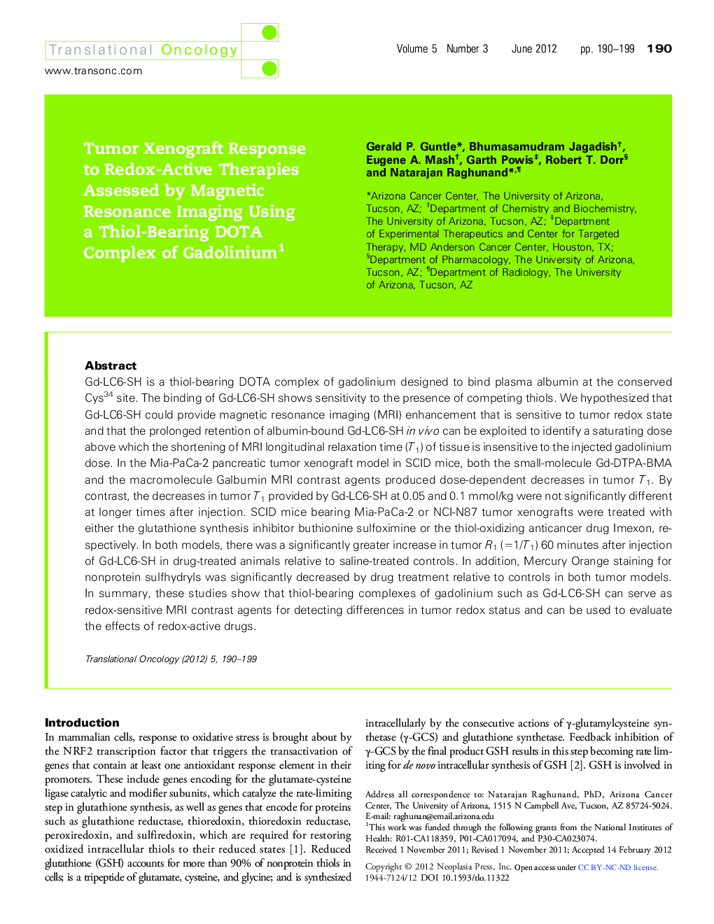 Tumor Xenograft Response to Redox-Active Therapies Assessed by Magnetic Resonance Imaging Using a Thiol-Bearing DOTA Complex of Gadolinium 1