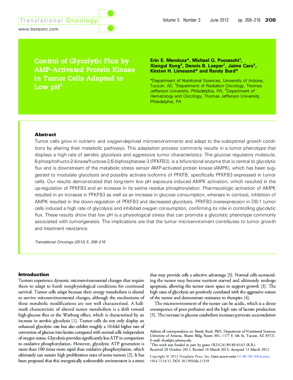 Control of Glycolytic Flux by AMP-Activated Protein Kinase in Tumor Cells Adapted to Low pH 1