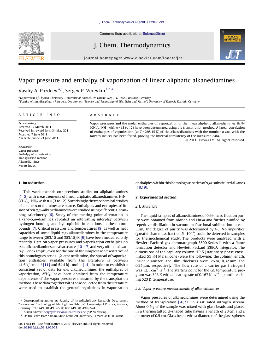 Vapor pressure and enthalpy of vaporization of linear aliphatic alkanediamines