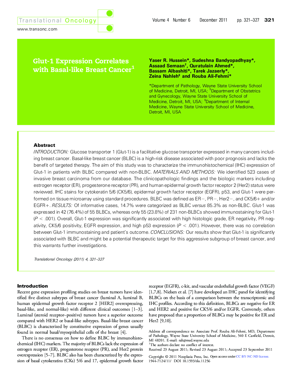 Glut-1 Expression Correlates with Basal-like Breast Cancer 
