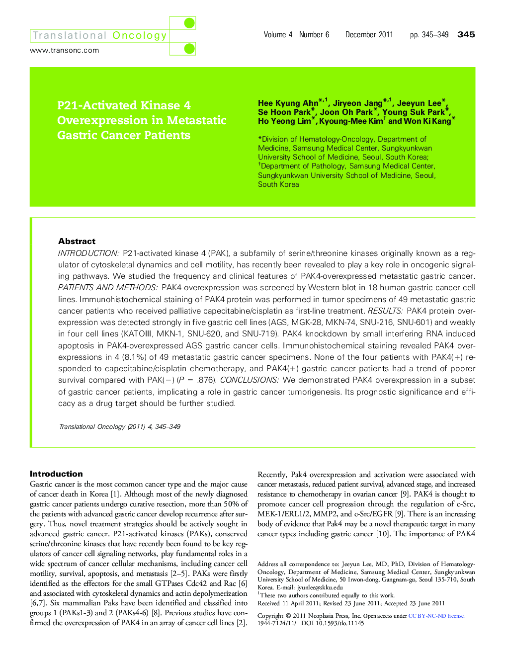 P21-Activated Kinase 4 Overexpression in Metastatic Gastric Cancer Patients 