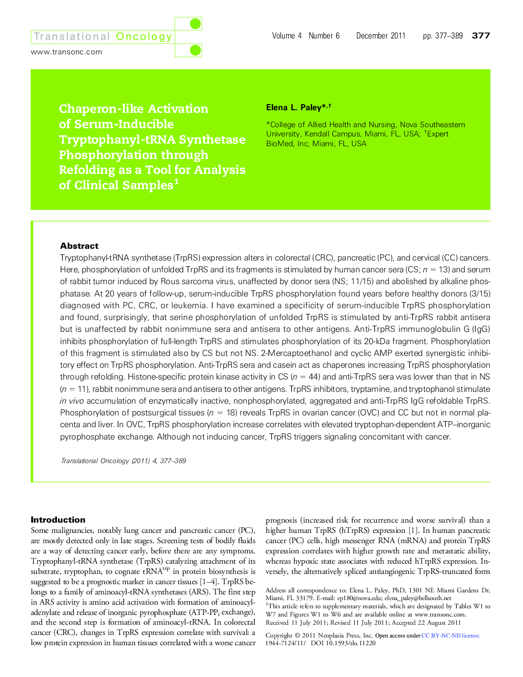 Chaperon-like Activation of Serum-Inducible Tryptophanyl-tRNA Synthetase Phosphorylation through Refolding as a Tool for Analysis of Clinical Samples