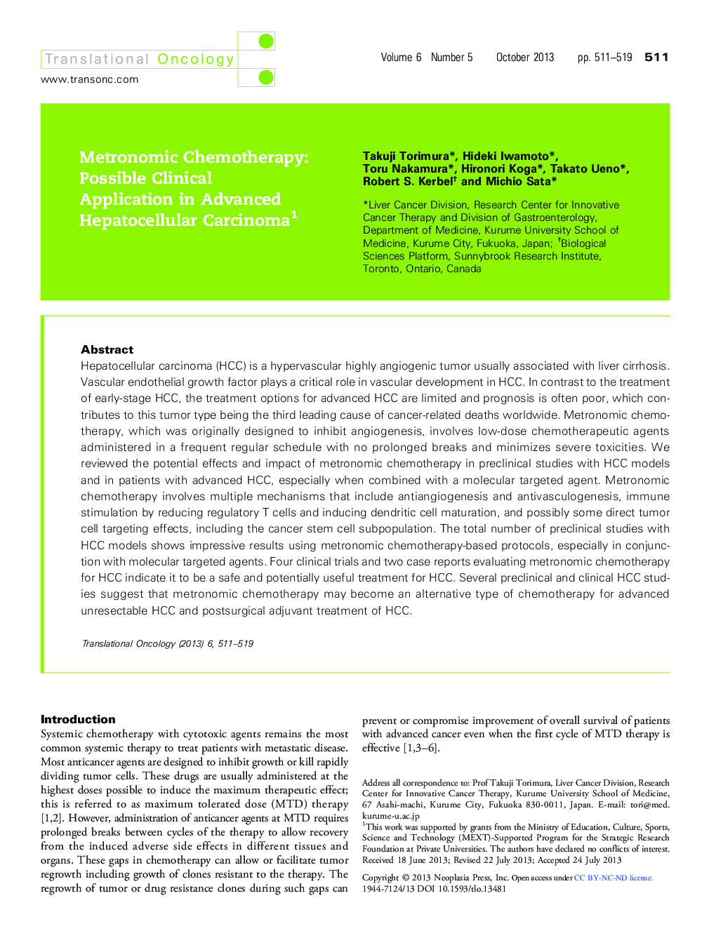 Metronomic Chemotherapy: Possible Clinical Application in Advanced Hepatocellular Carcinoma 1