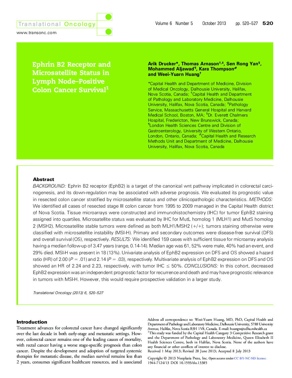 Ephrin B2 Receptor and Microsatellite Status in Lymph Node-Positive Colon Cancer Survival 1