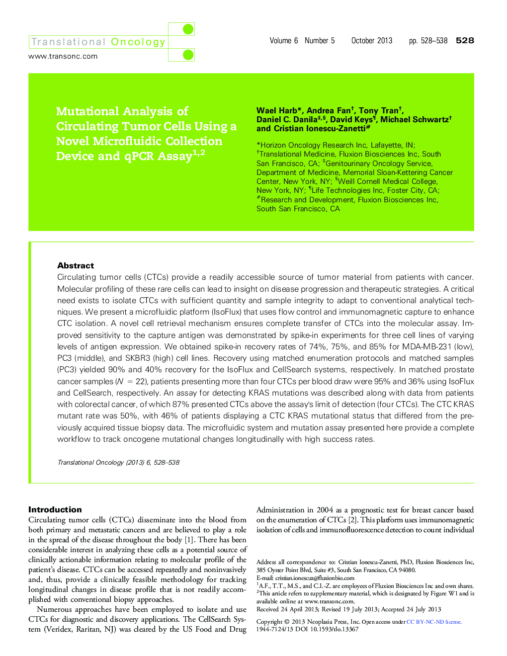 Mutational Analysis of Circulating Tumor Cells Using a Novel Microfluidic Collection Device and qPCR Assay 12