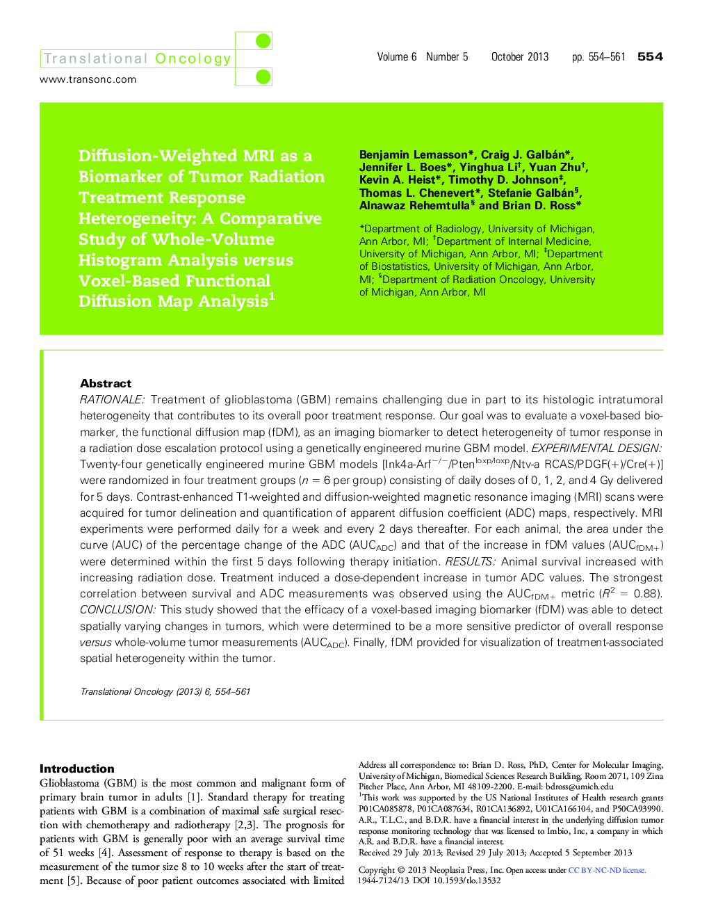 Diffusion-Weighted MRI as a Biomarker of Tumor Radiation Treatment Response Heterogeneity: A Comparative Study of Whole-Volume Histogram Analysis versus Voxel-Based Functional Diffusion Map Analysis 1