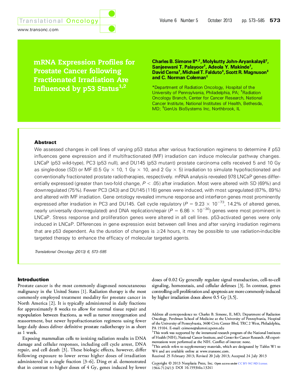 mRNA Expression Profiles for Prostate Cancer following Fractionated Irradiation Are Influenced by p53 Status 12