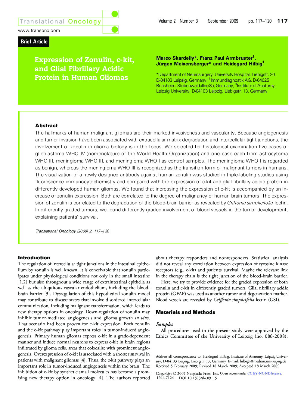 Expression of Zonulin, c-kit, and Glial Fibrillary Acidic Protein in Human Gliomas