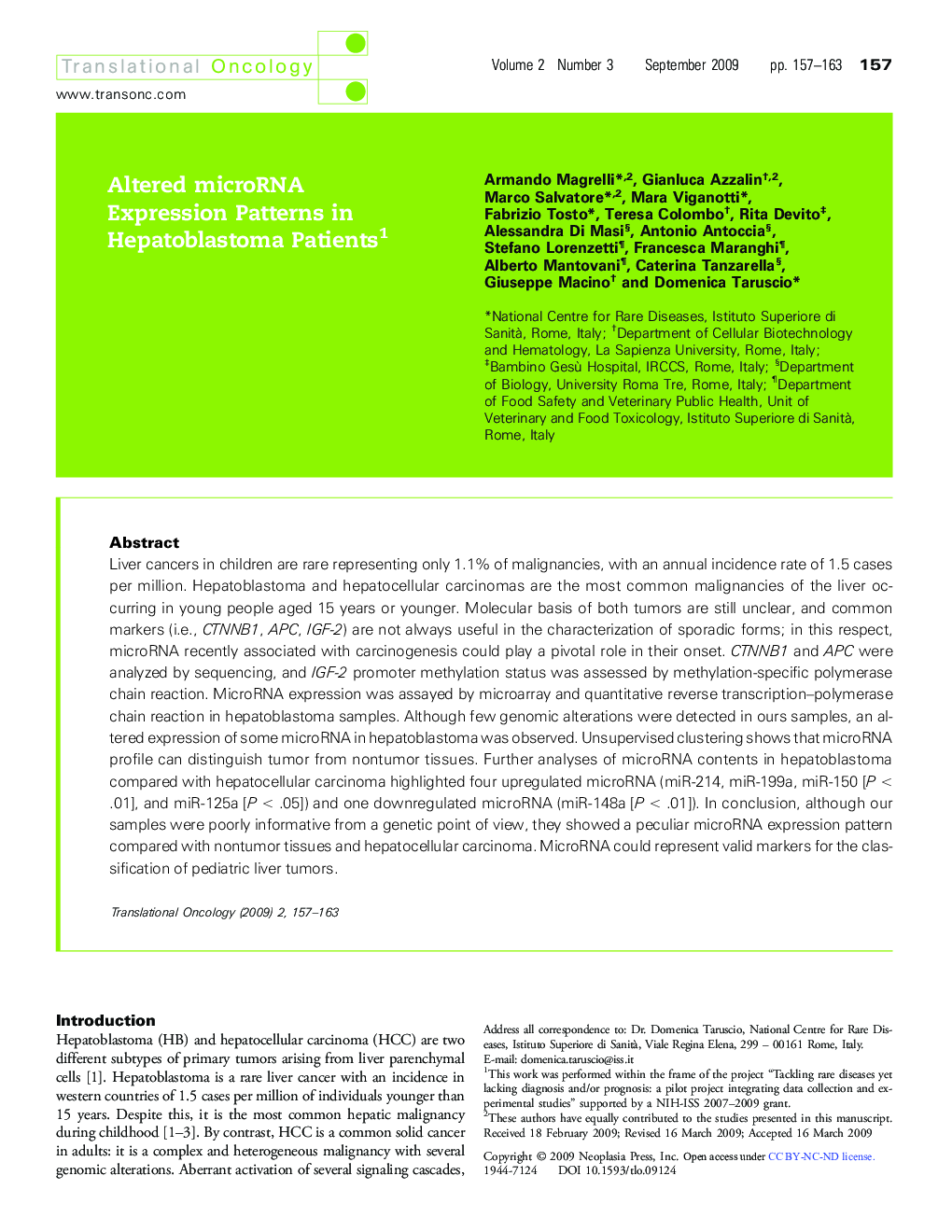 Altered microRNA Expression Patterns in Hepatoblastoma Patients 1