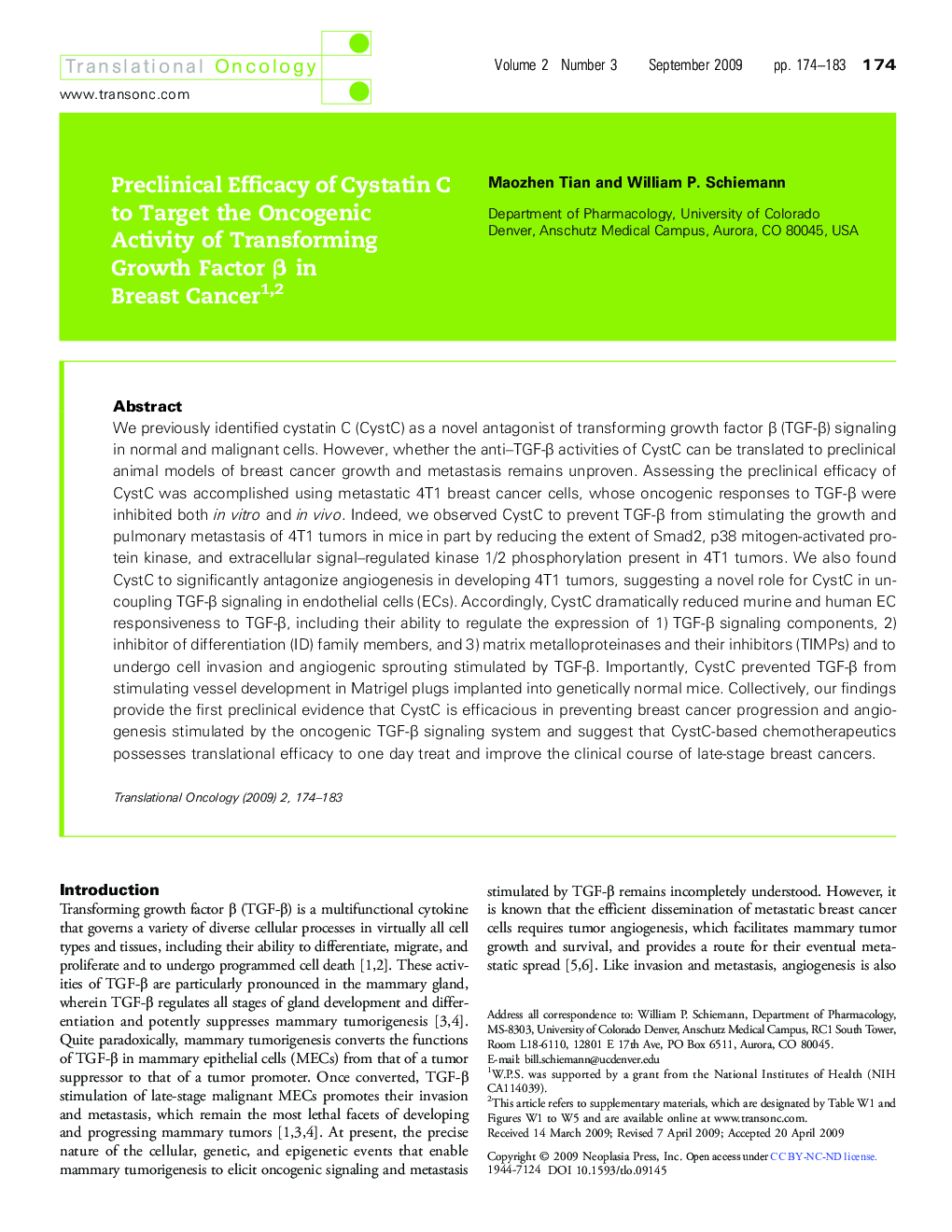 Preclinical Efficacy of Cystatin C to Target the Oncogenic Activity of Transforming Growth Factor Î² in Breast Cancer