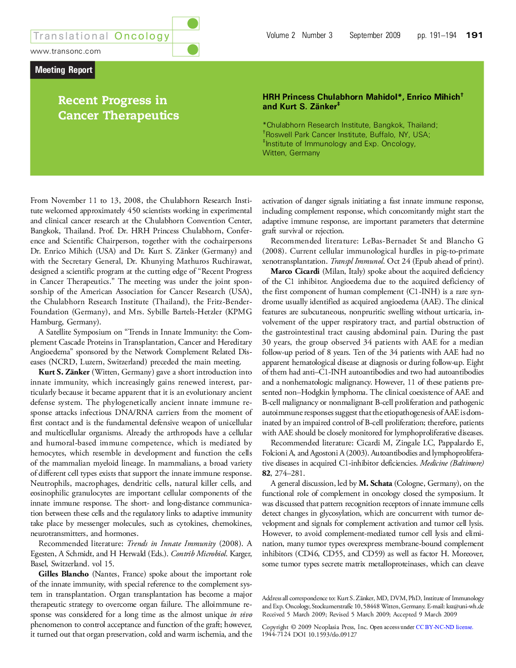 Recent Progress in Cancer Therapeutics