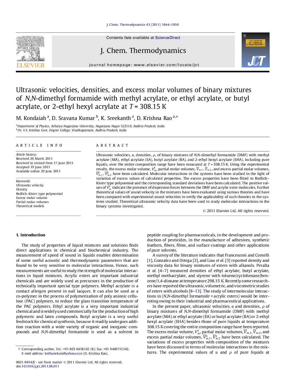 Ultrasonic velocities, densities, and excess molar volumes of binary mixtures of N,N-dimethyl formamide with methyl acrylate, or ethyl acrylate, or butyl acrylate, or 2-ethyl hexyl acrylate at T = 308.15 K