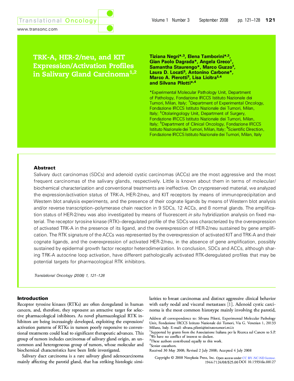TRK-A, HER-2/neu, and KIT Expression/Activation Profiles in Salivary Gland Carcinoma 12