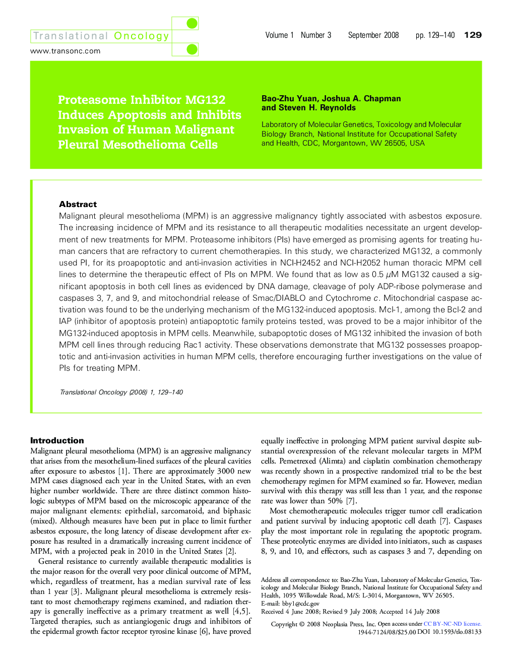 Proteasome Inhibitor MG132 Induces Apoptosis and Inhibits Invasion of Human Malignant Pleural Mesothelioma Cells