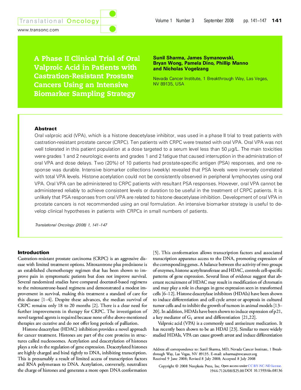 A Phase II Clinical Trial of Oral Valproic Acid in Patients with Castration-Resistant Prostate Cancers Using an Intensive Biomarker Sampling Strategy