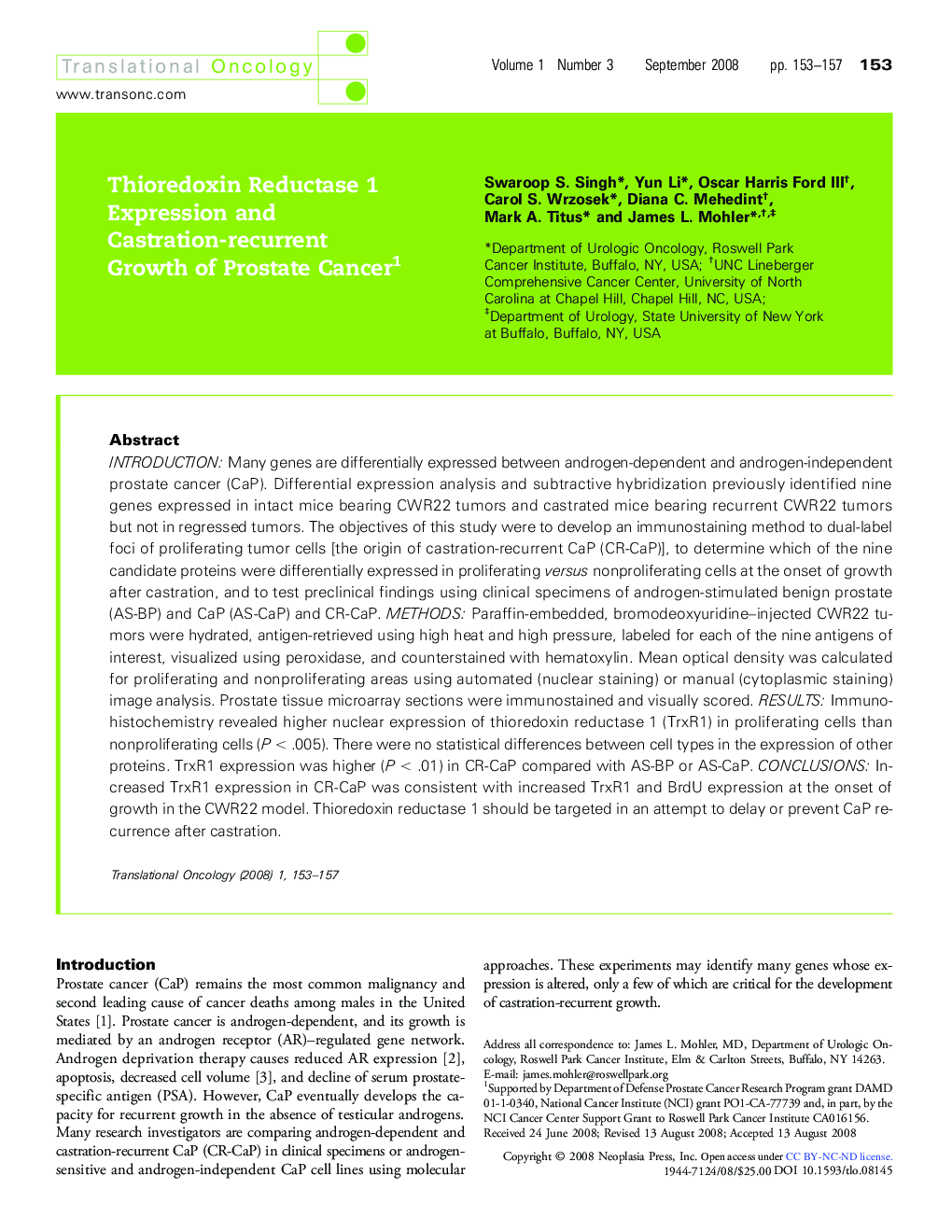 Thioredoxin Reductase 1 Expression and Castration-recurrent Growth of Prostate Cancer 1