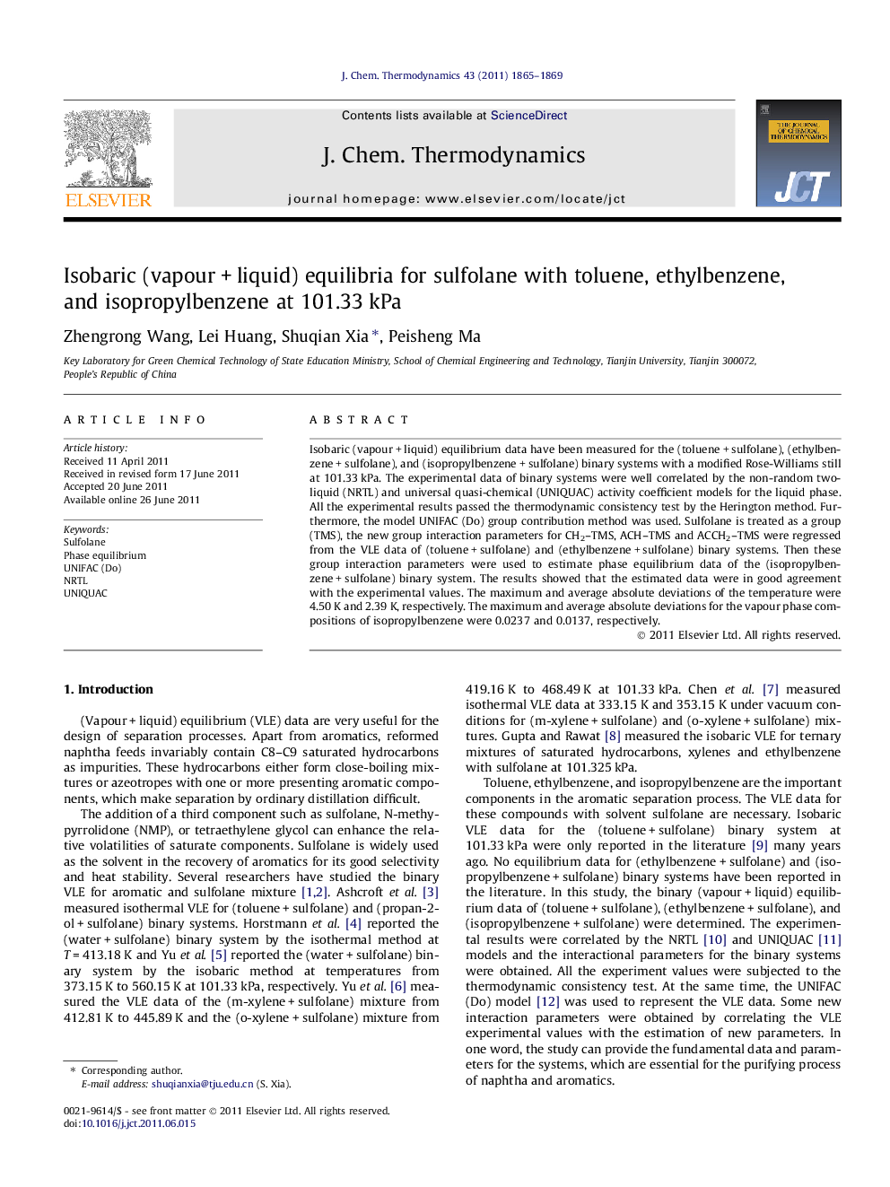 Isobaric (vapour + liquid) equilibria for sulfolane with toluene, ethylbenzene, and isopropylbenzene at 101.33 kPa