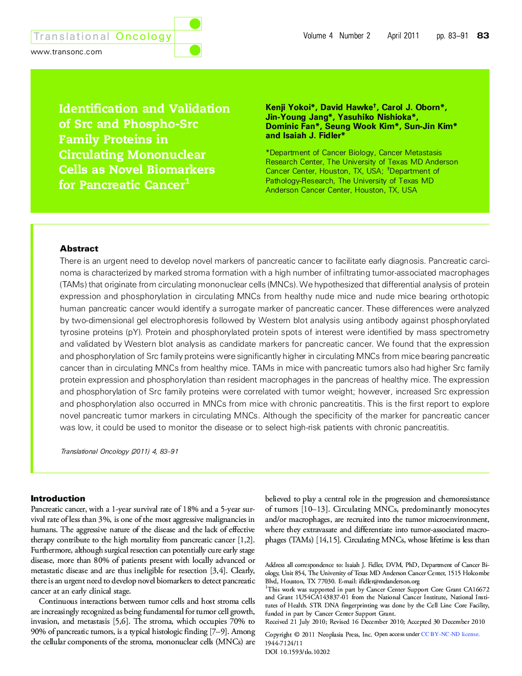 Identification and Validation of Src and Phospho-Src Family Proteins in Circulating Mononuclear Cells as Novel Biomarkers for Pancreatic Cancer 1