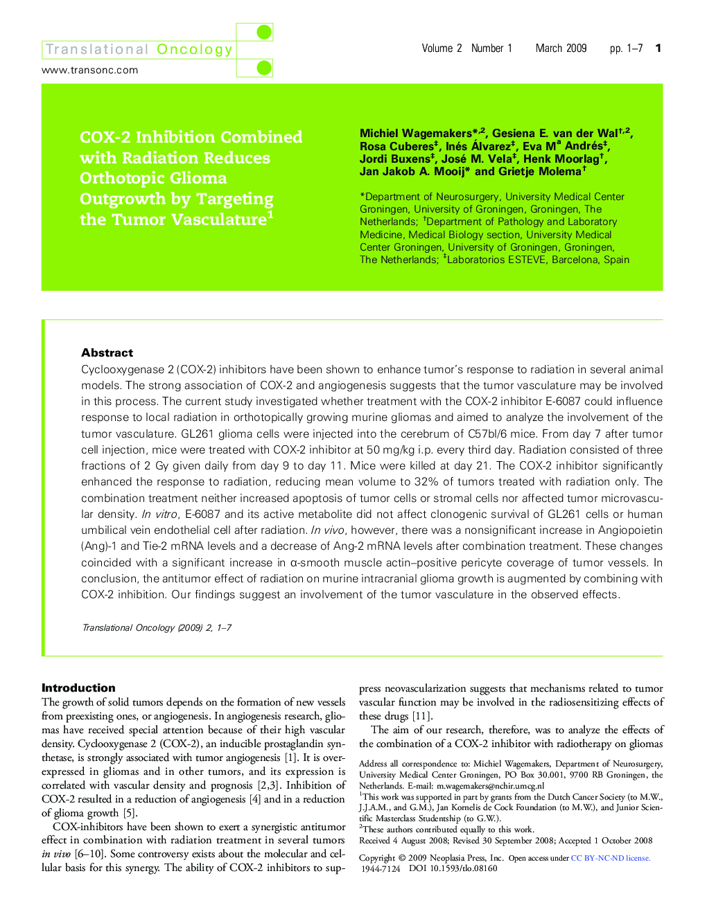 COX-2 Inhibition Combined with Radiation Reduces Orthotopic Glioma Outgrowth by Targeting the Tumor Vasculature 1