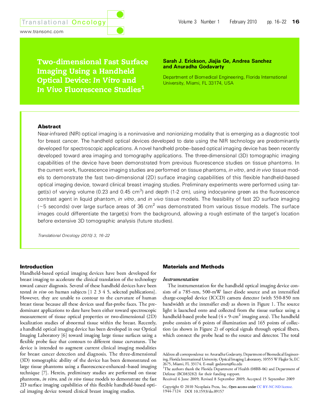 Two-dimensional Fast Surface Imaging Using a Handheld Optical Device: In Vitro and In Vivo Fluorescence Studies 1