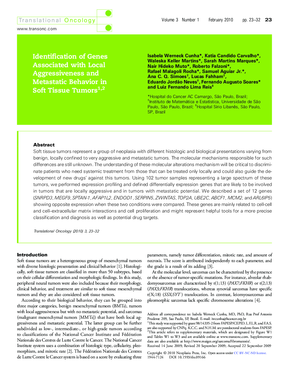 Identification of Genes Associated with Local Aggressiveness and Metastatic Behavior in Soft Tissue Tumors