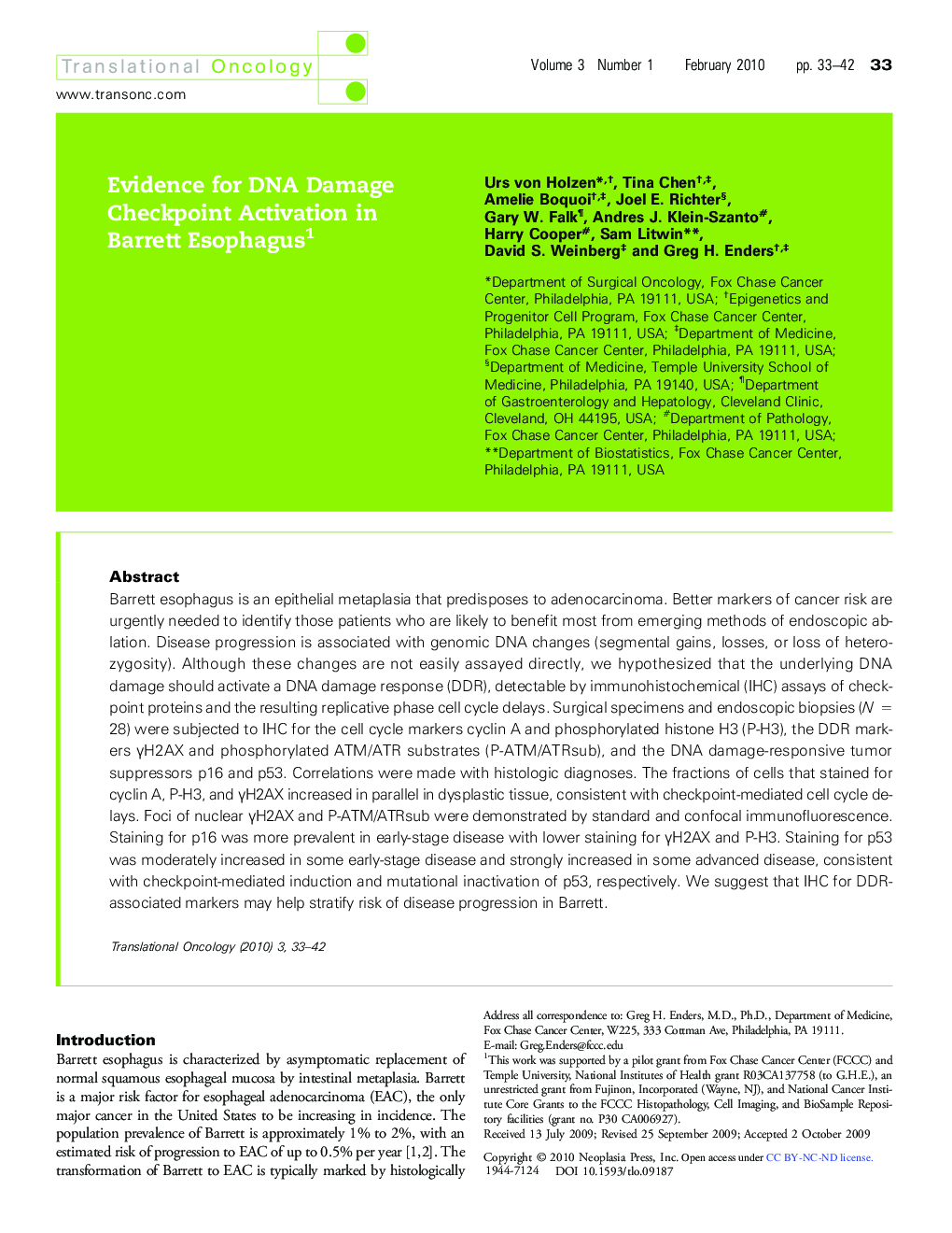 Evidence for DNA Damage Checkpoint Activation in Barrett Esophagus 1