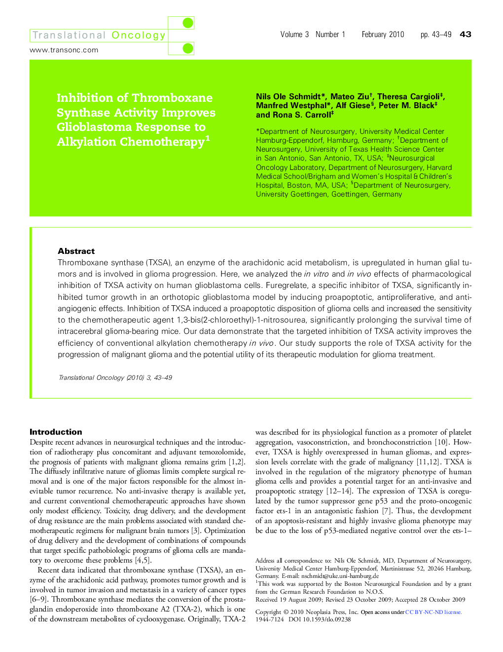 Inhibition of Thromboxane Synthase Activity Improves Glioblastoma Response to Alkylation Chemotherapy 1
