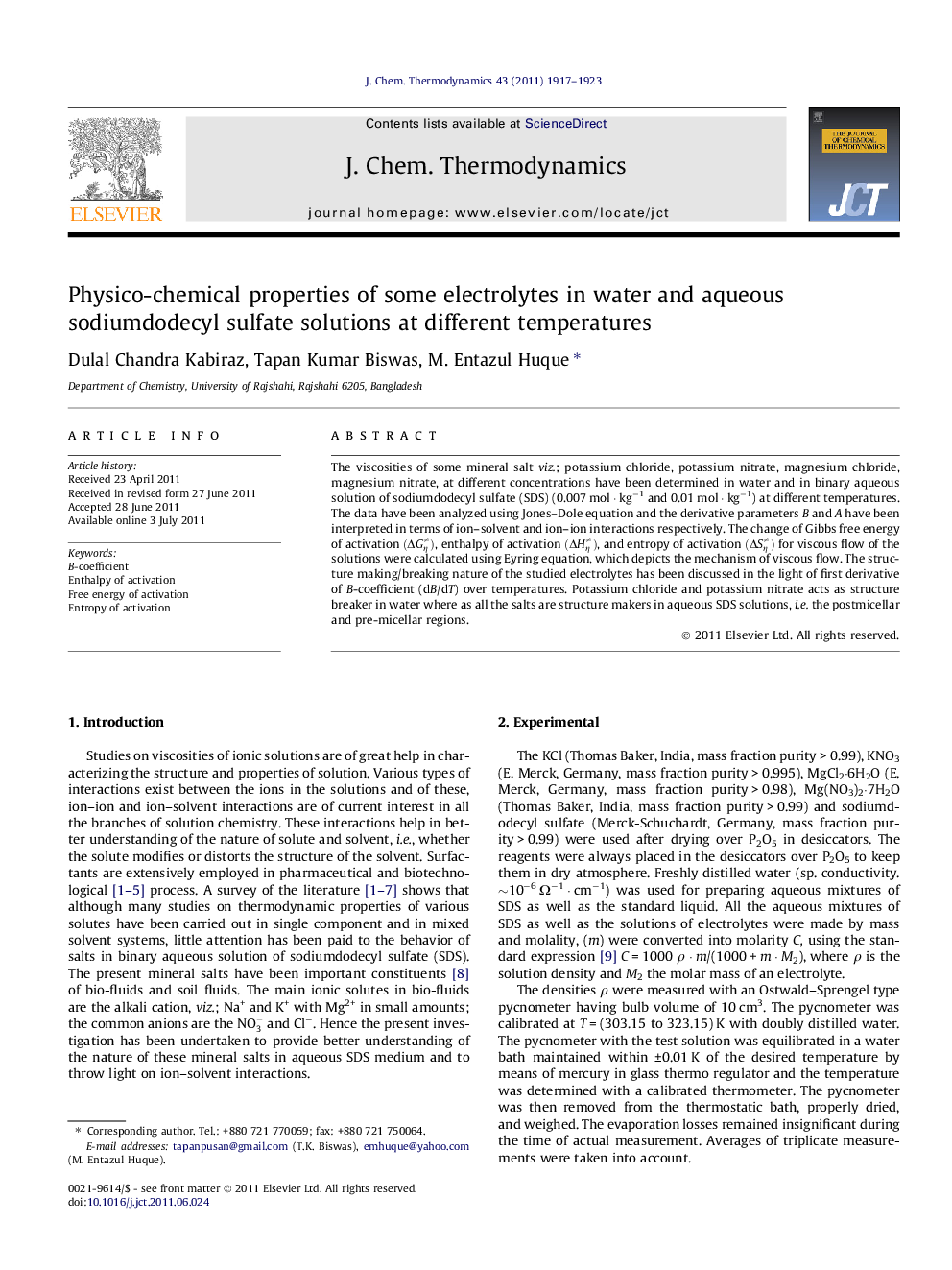 Physico-chemical properties of some electrolytes in water and aqueous sodiumdodecyl sulfate solutions at different temperatures