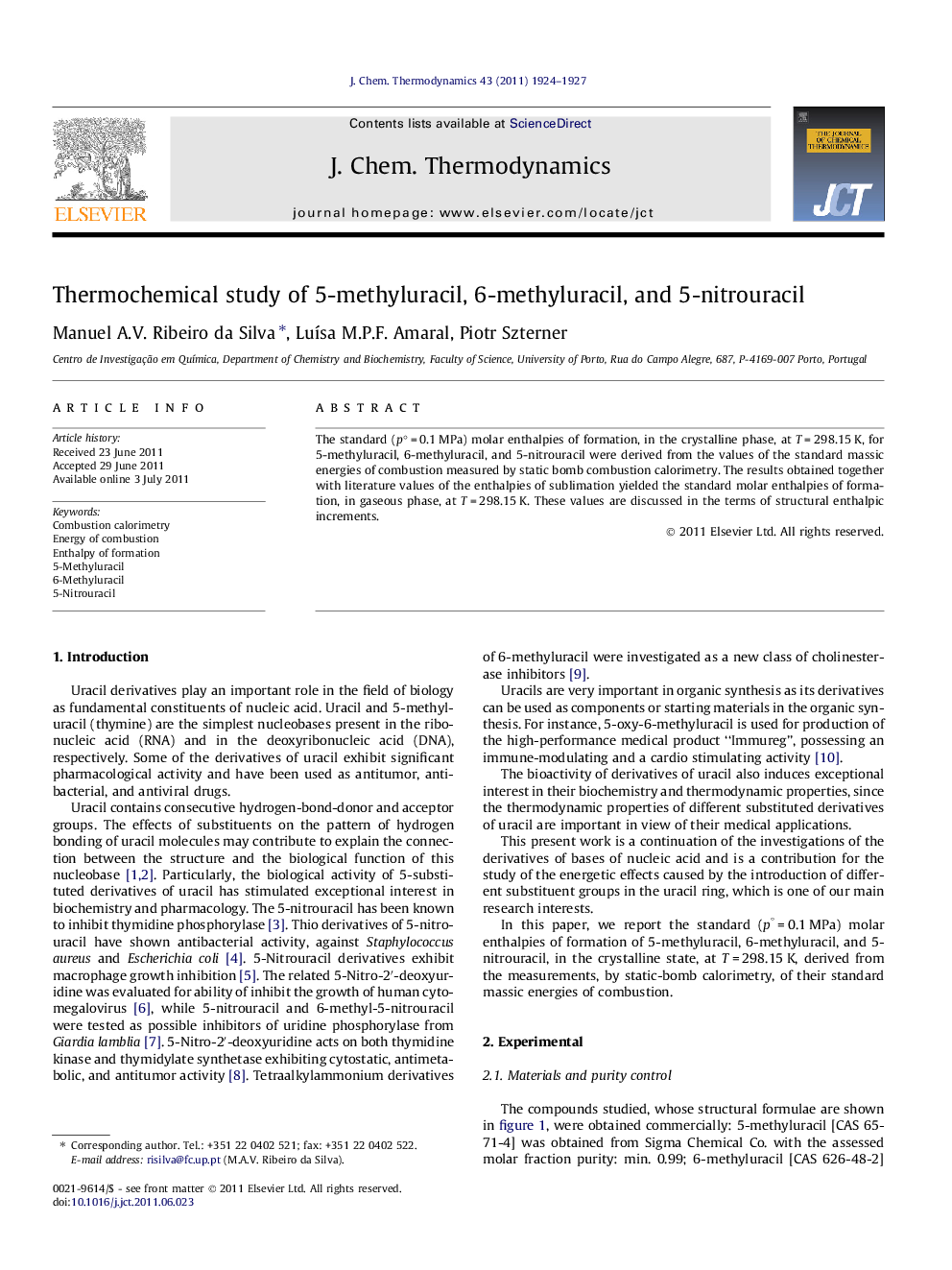 Thermochemical study of 5-methyluracil, 6-methyluracil, and 5-nitrouracil