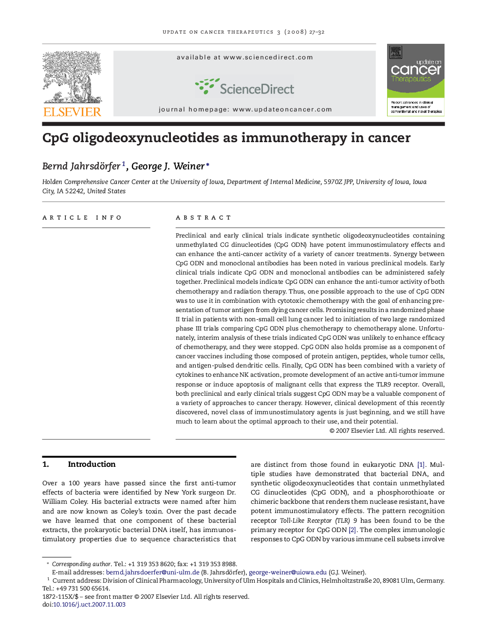 CpG oligodeoxynucleotides as immunotherapy in cancer