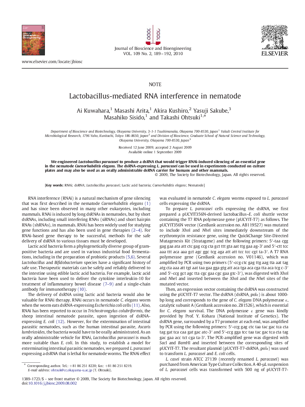 Lactobacillus-mediated RNA interference in nematode