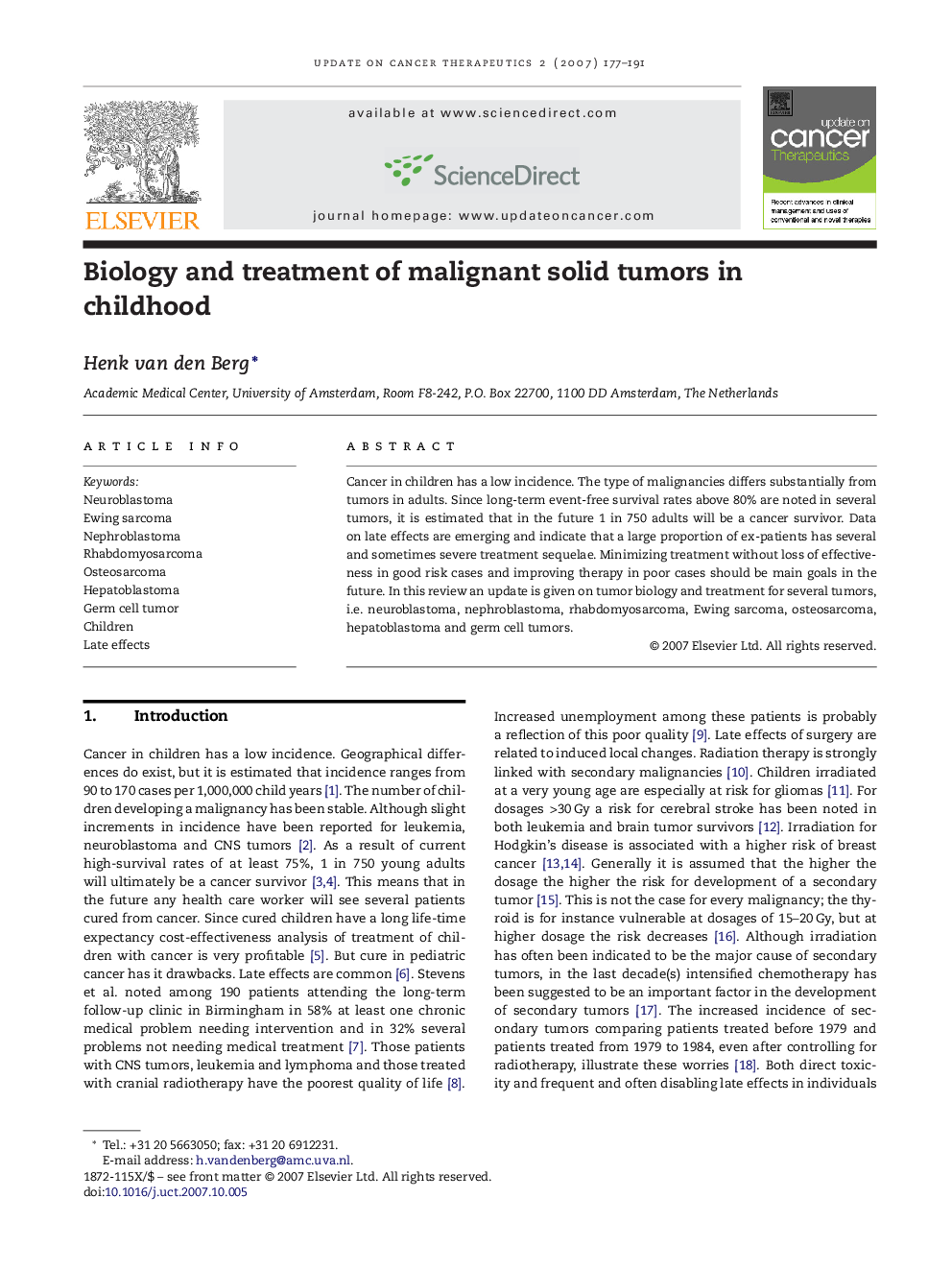 Biology and treatment of malignant solid tumors in childhood