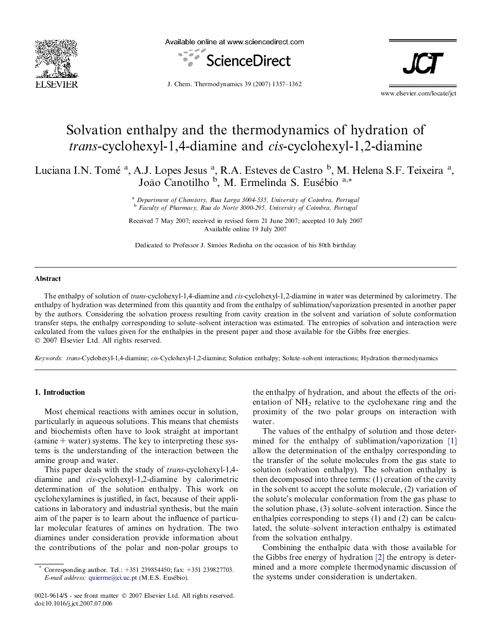 Solvation enthalpy and the thermodynamics of hydration of trans-cyclohexyl-1,4-diamine and cis-cyclohexyl-1,2-diamine