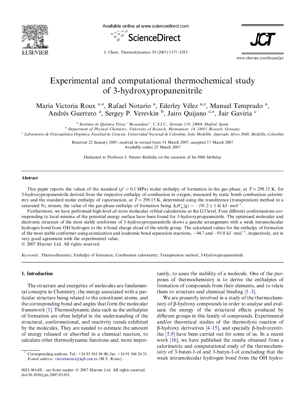 Experimental and computational thermochemical study of 3-hydroxypropanenitrile