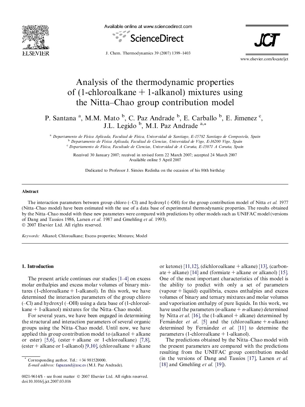 Analysis of the thermodynamic properties of (1-chloroalkane + 1-alkanol) mixtures using the Nitta–Chao group contribution model