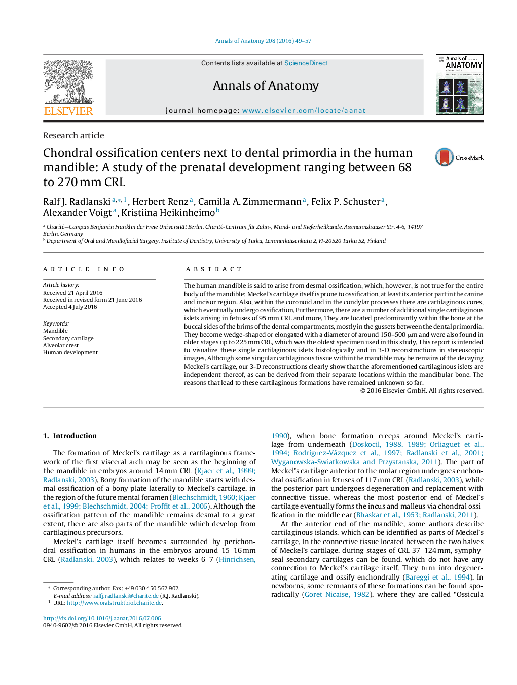 Chondral ossification centers next to dental primordia in the human mandible: A study of the prenatal development ranging between 68 to 270Â mm CRL