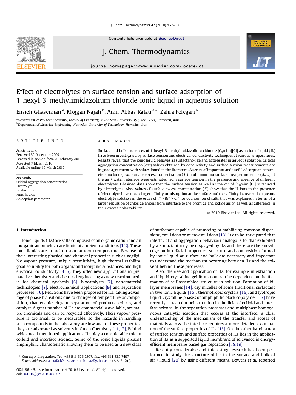 Effect of electrolytes on surface tension and surface adsorption of 1-hexyl-3-methylimidazolium chloride ionic liquid in aqueous solution