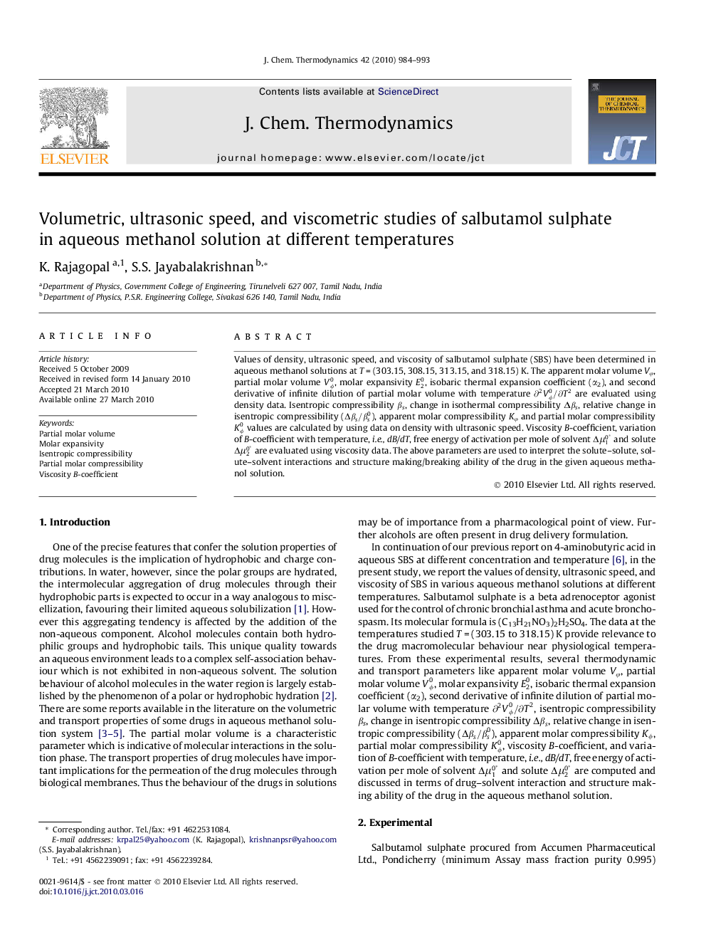 Volumetric, ultrasonic speed, and viscometric studies of salbutamol sulphate in aqueous methanol solution at different temperatures