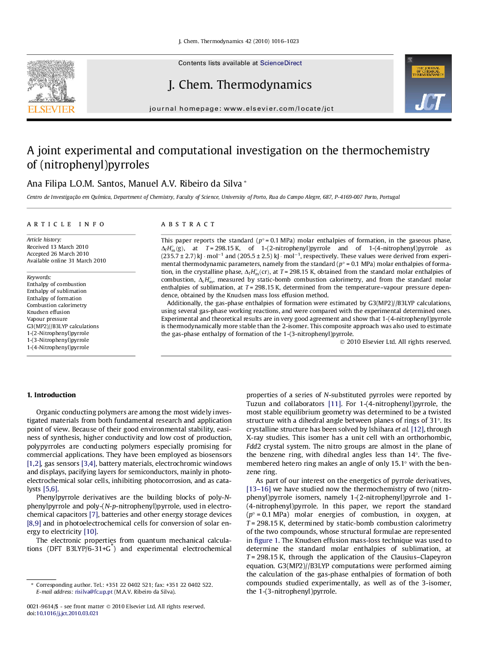 عکس صفحه اول مقاله: A joint experimental and computational investigation on the thermochemistry of (nitrophenyl)pyrroles A joint experimental and computational investigation on the thermochemistry of (nitrophenyl)pyrroles