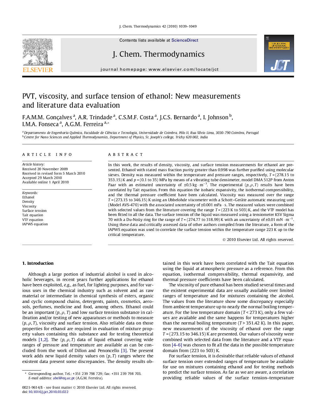 PVT, viscosity, and surface tension of ethanol: New measurements and literature data evaluation