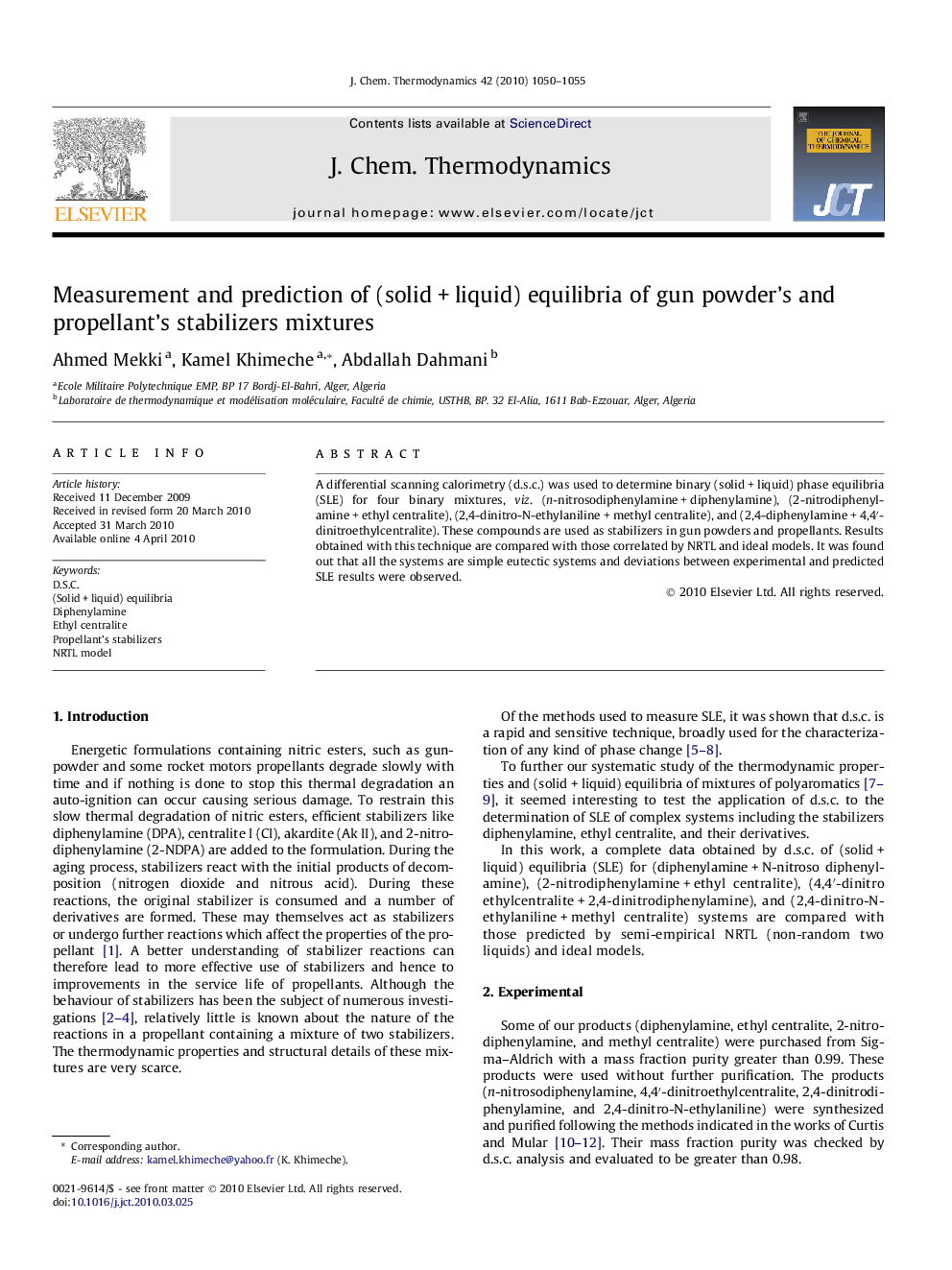 Measurement and prediction of (solid + liquid) equilibria of gun powder’s and propellant’s stabilizers mixtures