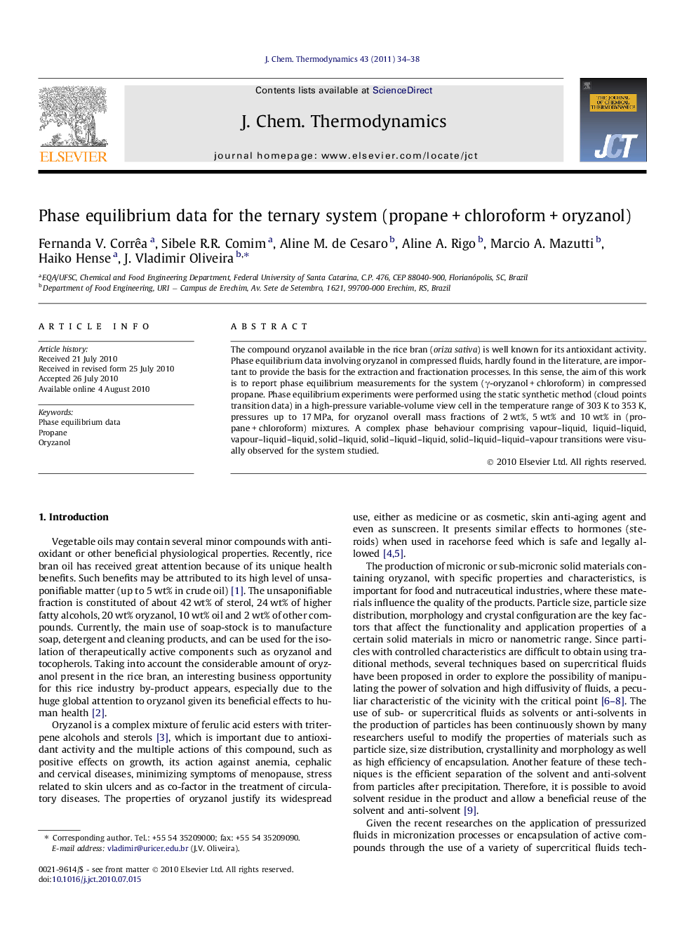 Phase equilibrium data for the ternary system (propane + chloroform + oryzanol)